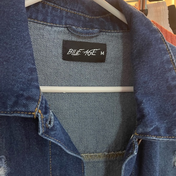 New oversized unisex jean jacket size med. Distressed with evil eye on back - Picture 3 of 3